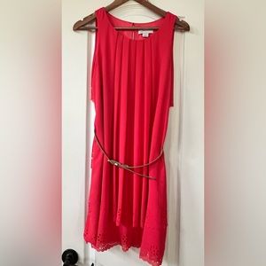 Coral Jessica Simpson knee length dress,eyelet detail at bottom with gold belt.